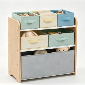 ALVIX Kinderregal aus Holz mit sechs Stoffboxen in Pastellfarben für Spielzeug und Kuscheltiere
