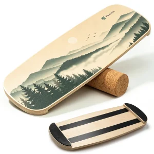 FunLife Balance Board MORNING MIST mit Nebelbergen und Tannenwald, Korkrolle und Ansicht der Unterseite mit Streifen und Endstoppern.
